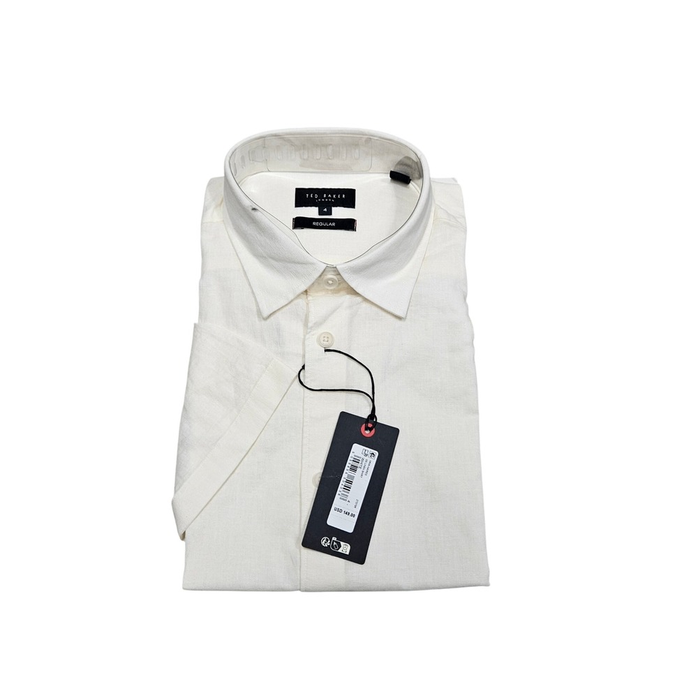 Ted Baker Linen Shirt Mens 4 Large White Short Sleeve Regular Fit Button Down